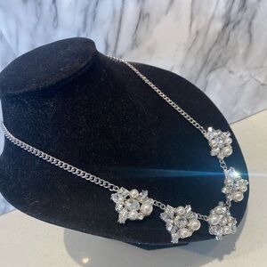 Elegant Silver Chain & Faux pearls and crystals Floral Necklace